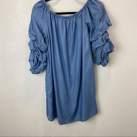 Zara Ruffle Sleeve Chambray Denim Off Shoulder Dress - Picture 7 of 16
